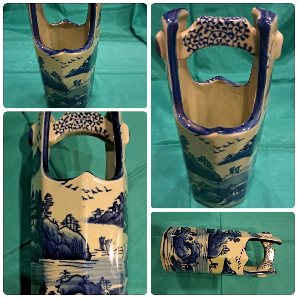 Beautiful Wishing Well shaped porcelain Asian vase.  Gorgeous hand painted blue